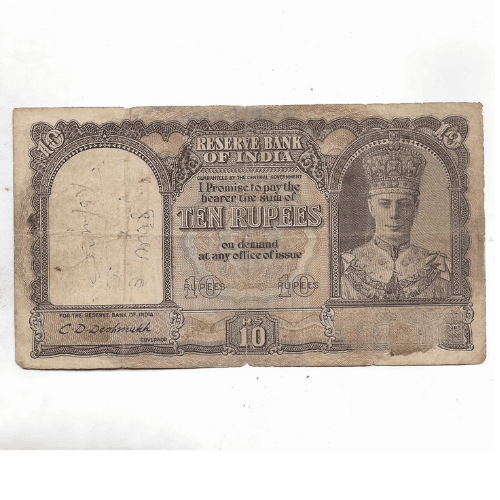 king george vi ~ 10 rupee note ~ c.d.deshmukh ~ rare note ~ f 3/12 king george vi ~ 10 rupee note ~ c.d.deshmukh ~ rare note ~ f 3/12